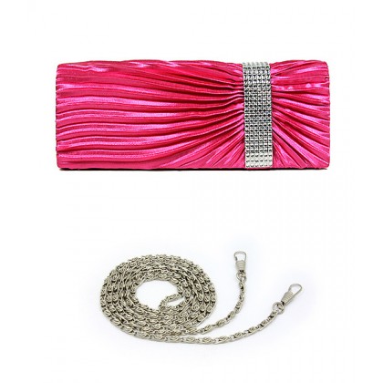 Evening Bag - 12 PCS - Pleated Satin w/ Linear Stones Accent - Fuchsia - BG-92429FU